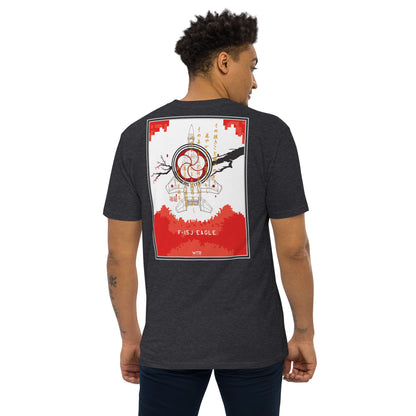 Hand-drawn schematic of the Mitsubishi F-15J Eagle 305th Tactical Fighter Squadron 40 Years livery on a premium heavyweight t-shirt.
