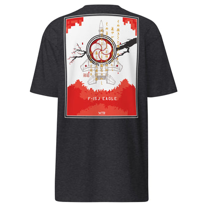 Hand-drawn schematic of the Mitsubishi F-15J Eagle 305th Tactical Fighter Squadron 40 Years livery on a premium heavyweight t-shirt.