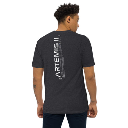 Hand-drawn crewed lunar mission schematic of the NASA Artemis II printed on a premium t-shirt.
