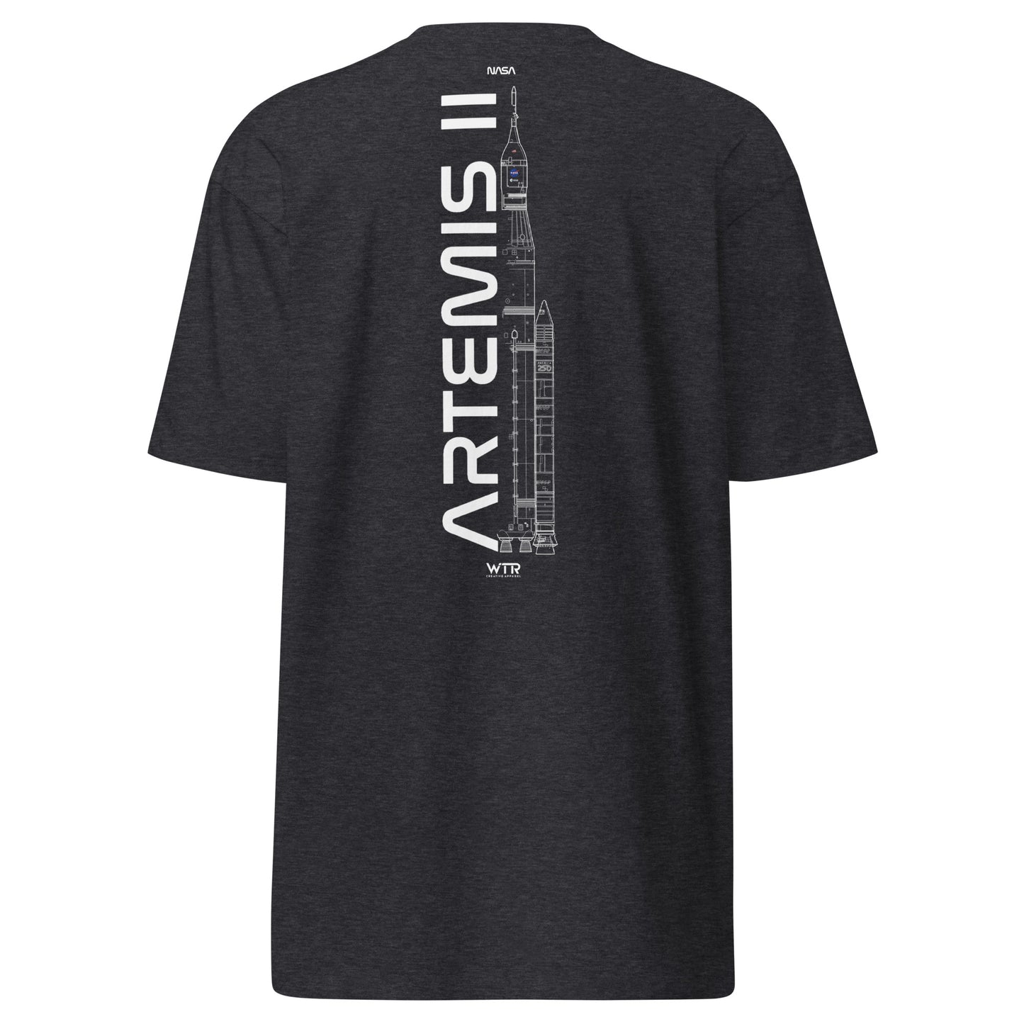 Hand-drawn crewed lunar mission schematic of the NASA Artemis II printed on a premium t-shirt.
