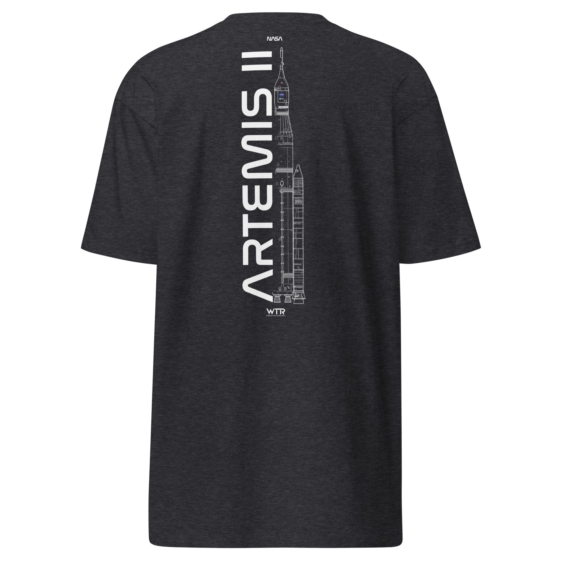 Hand-drawn crewed lunar mission schematic of the NASA Artemis II printed on a premium t-shirt.
