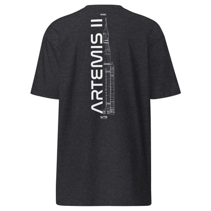 Hand-drawn crewed lunar mission schematic of the NASA Artemis II printed on a premium t-shirt.