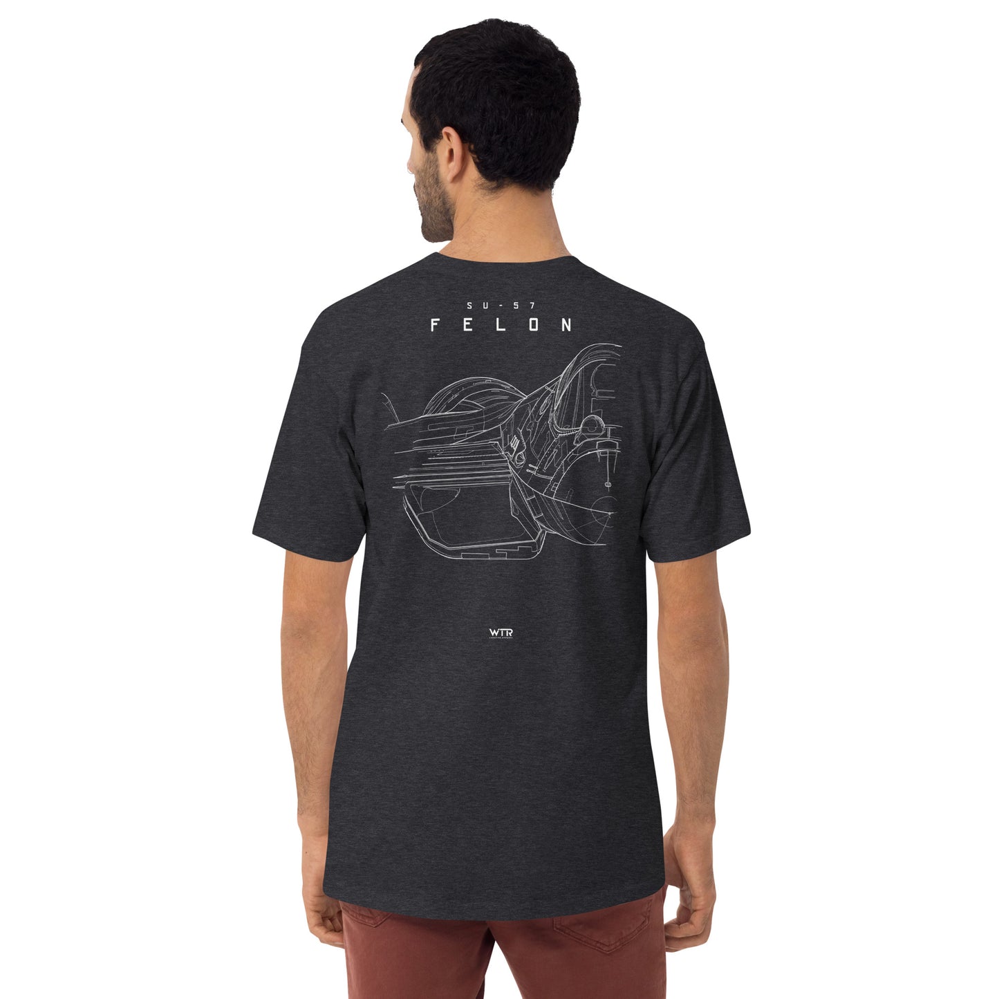 Hand-drawn front nose canopy study of the Sukhoi Su-57 Felon printed on a premium t-shirt.