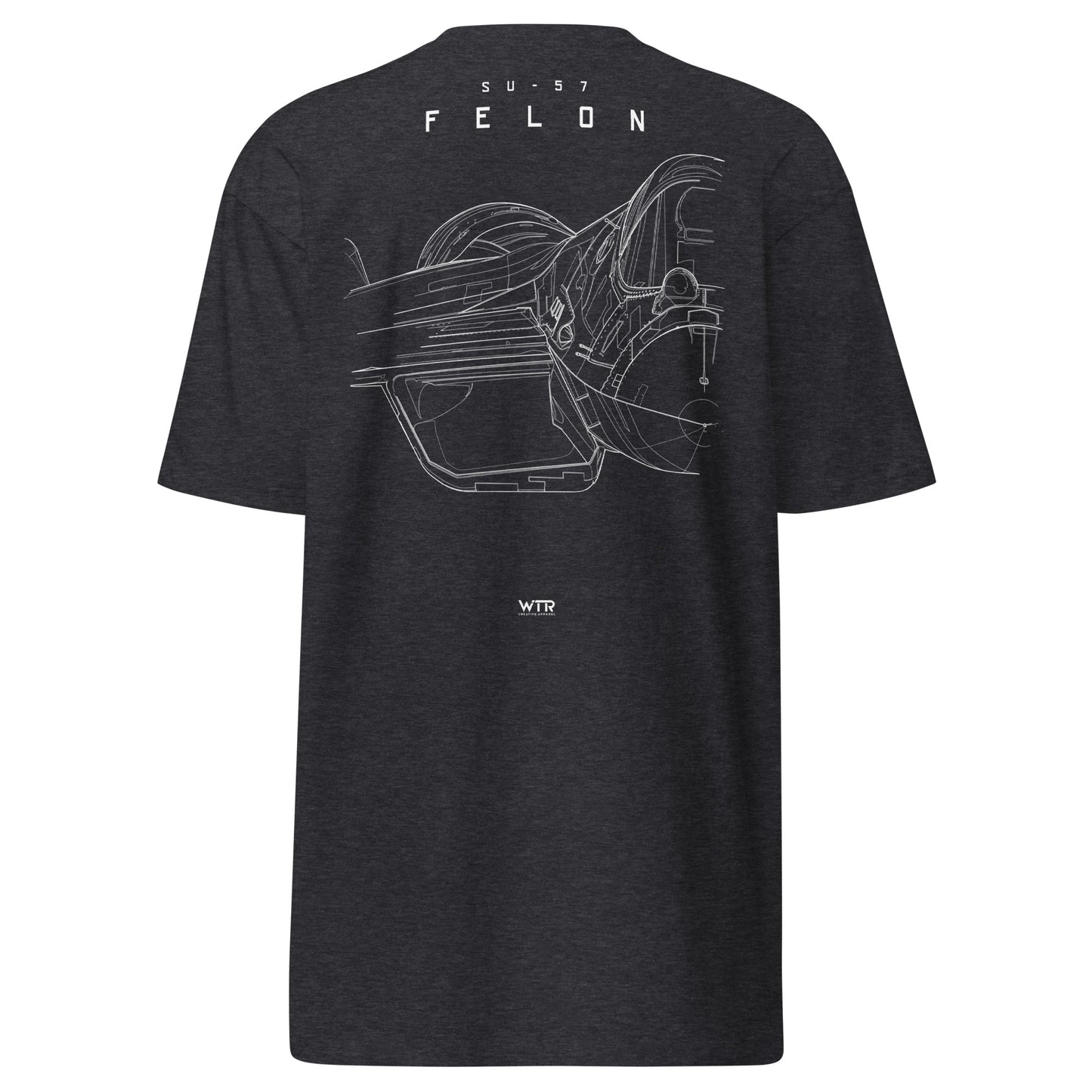 Hand-drawn front nose canopy study of the Sukhoi Su-57 Felon printed on a premium t-shirt.