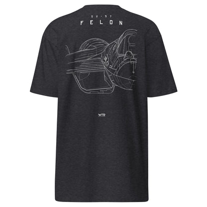 Hand-drawn front nose canopy study of the Sukhoi Su-57 Felon printed on a premium t-shirt.