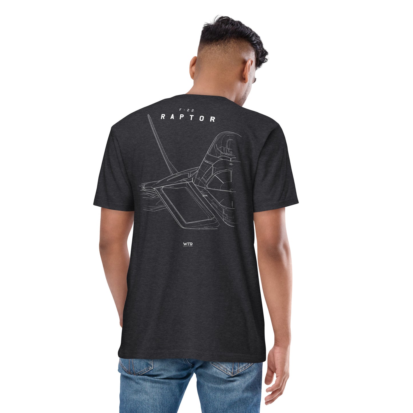 Hand-drawn technical study of the Lockheed Martin F-22 Raptor front canopy and nose section on a premium t-shirt.