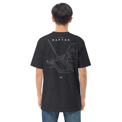Hand-drawn technical study of the Lockheed Martin F-22 Raptor front canopy and nose section on a premium t-shirt.