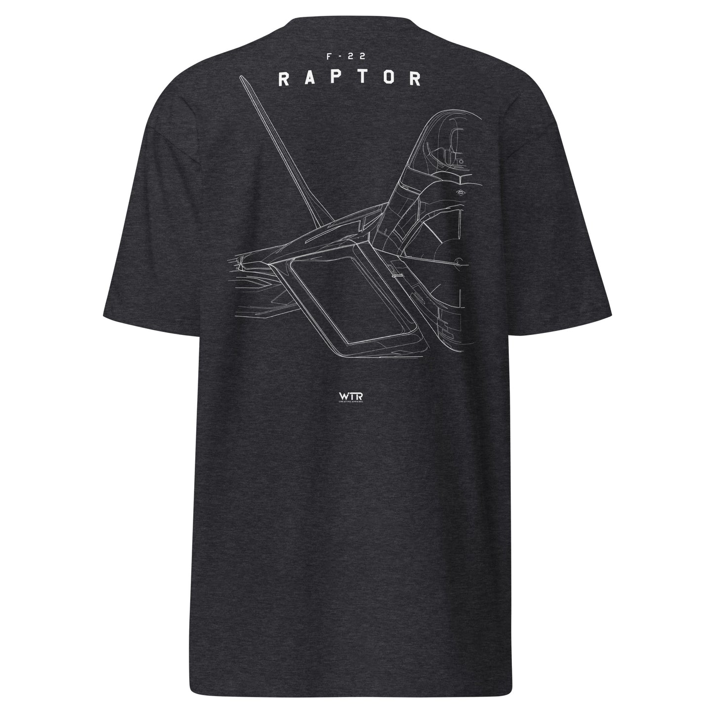 Hand-drawn technical study of the Lockheed Martin F-22 Raptor front canopy and nose section on a premium t-shirt.