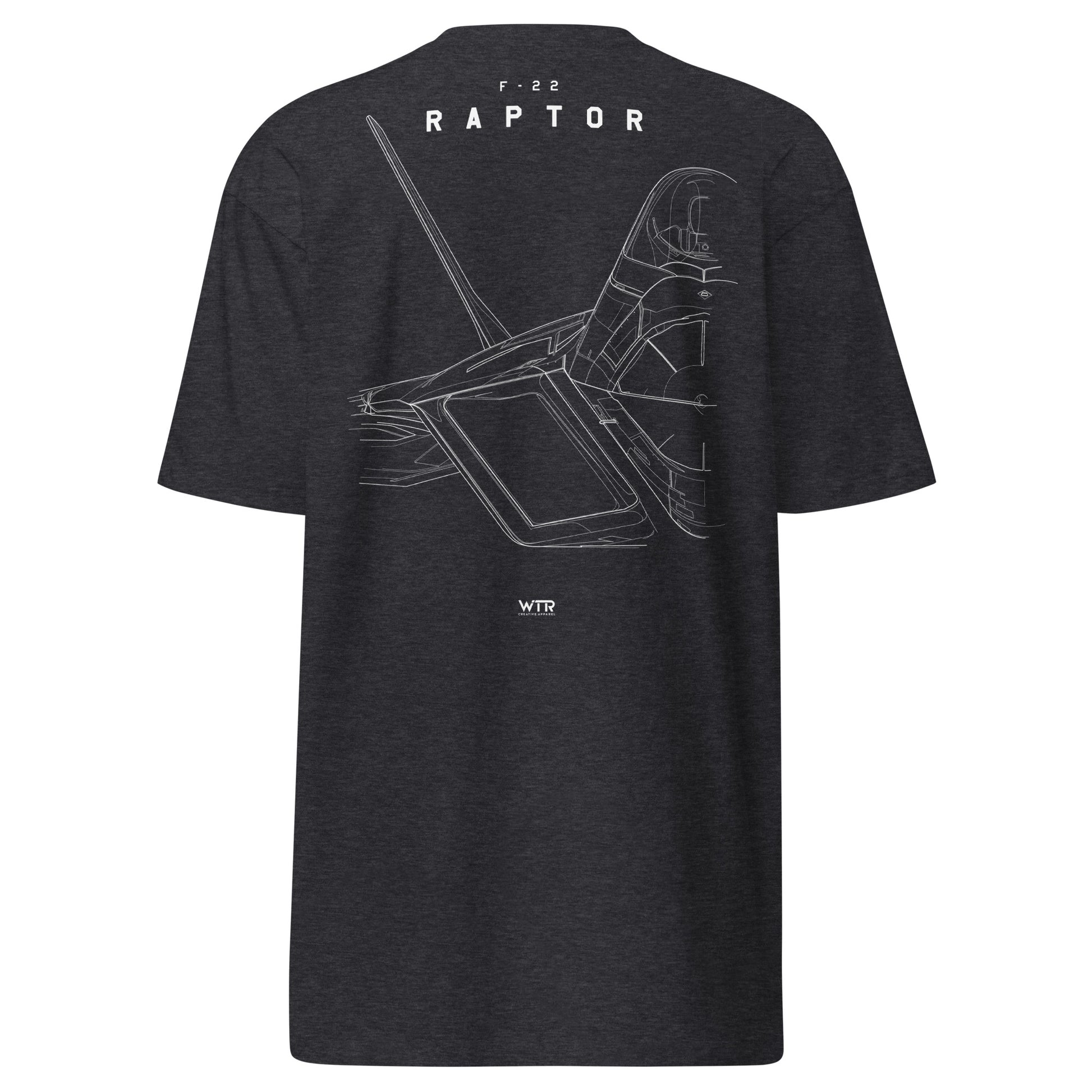 Hand-drawn technical study of the Lockheed Martin F-22 Raptor front canopy and nose section on a premium t-shirt.