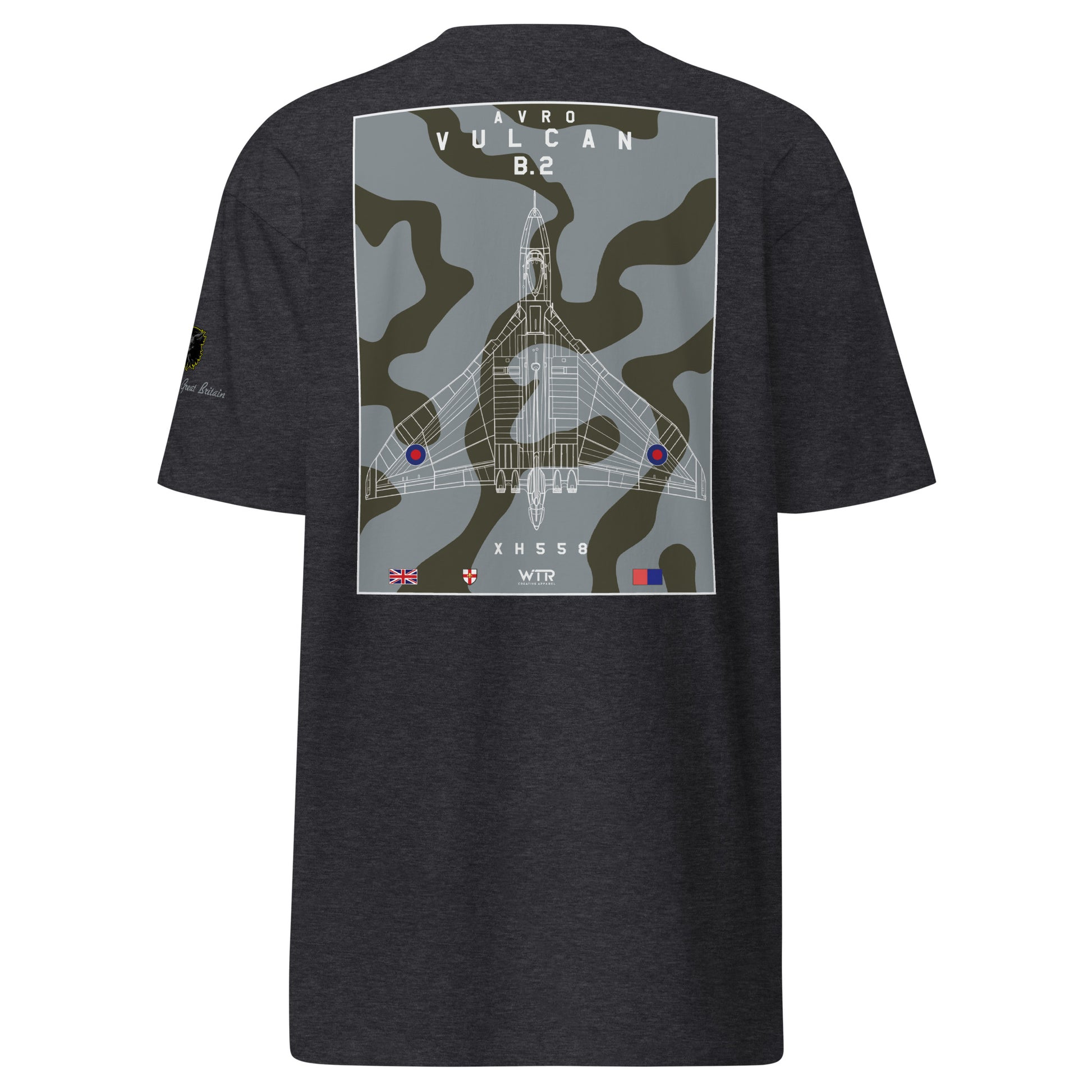Hand-drawn technical camouflage study of the Avro Vulcan B.2 XH558 strategic bomber printed on a premium t-shirt.