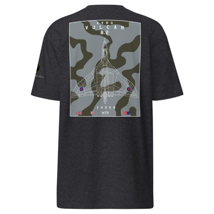 Hand-drawn technical camouflage study of the Avro Vulcan B.2 XH558 strategic bomber printed on a premium t-shirt.