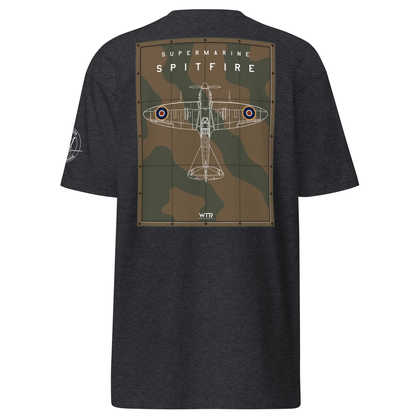 Hand-drawn technical camouflage study of the Supermarine Spitfire MK I WWII fighter on a premium t-shirt.