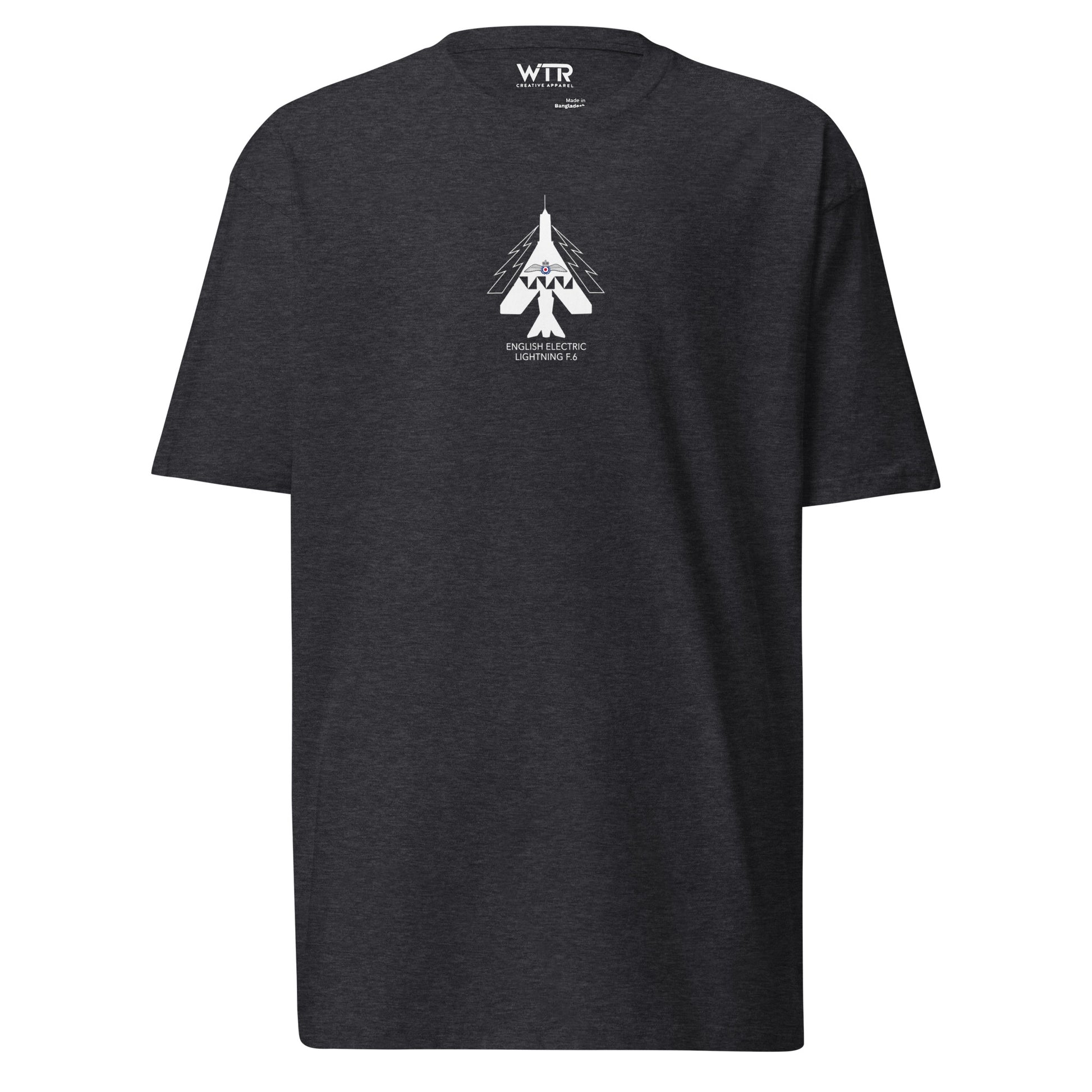 Hand-drawn technical schematic of the English Electric Lightning F.6 RAF interceptor printed on a premium t-shirt.