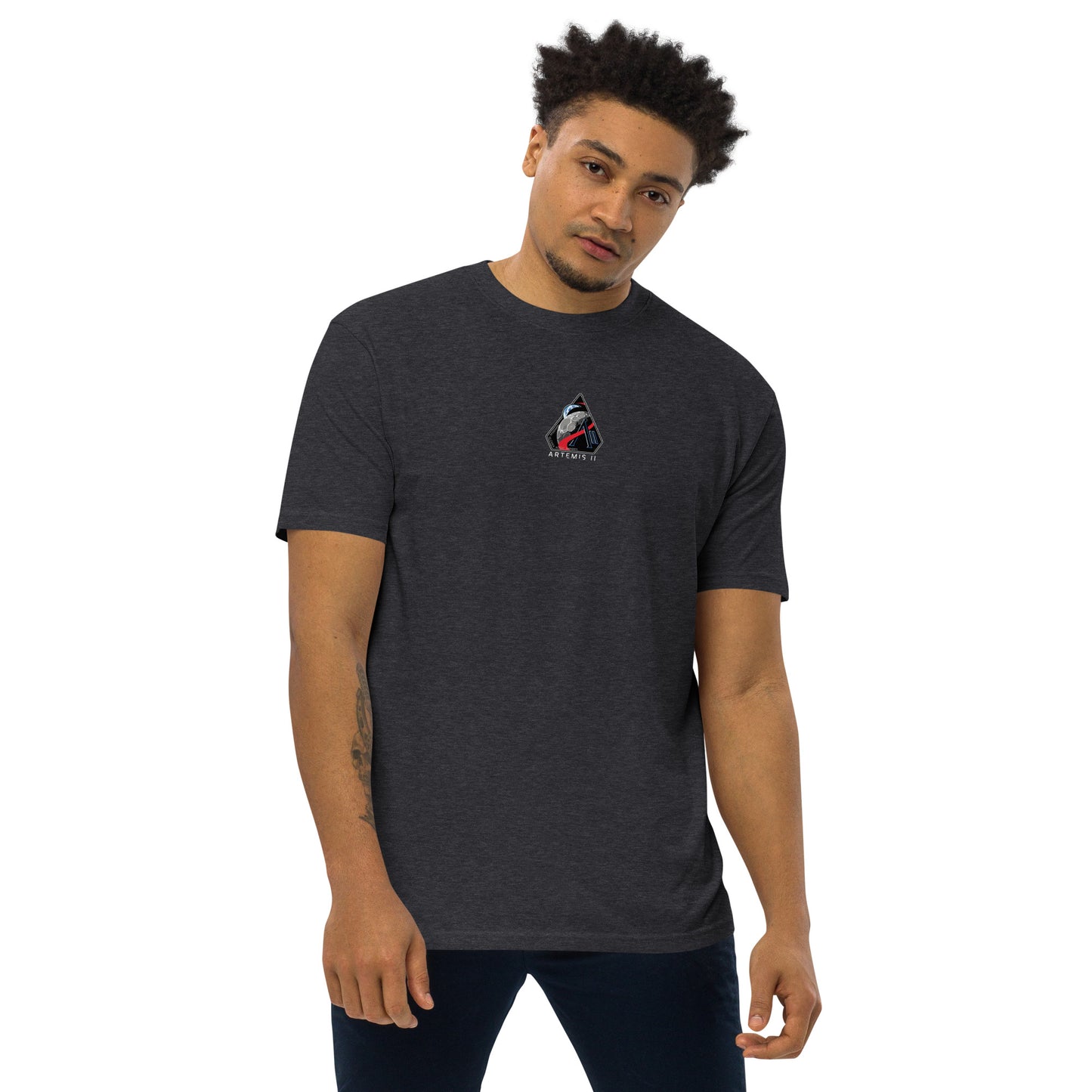 Hand-drawn crewed lunar mission schematic of the NASA Artemis II printed on a premium t-shirt.