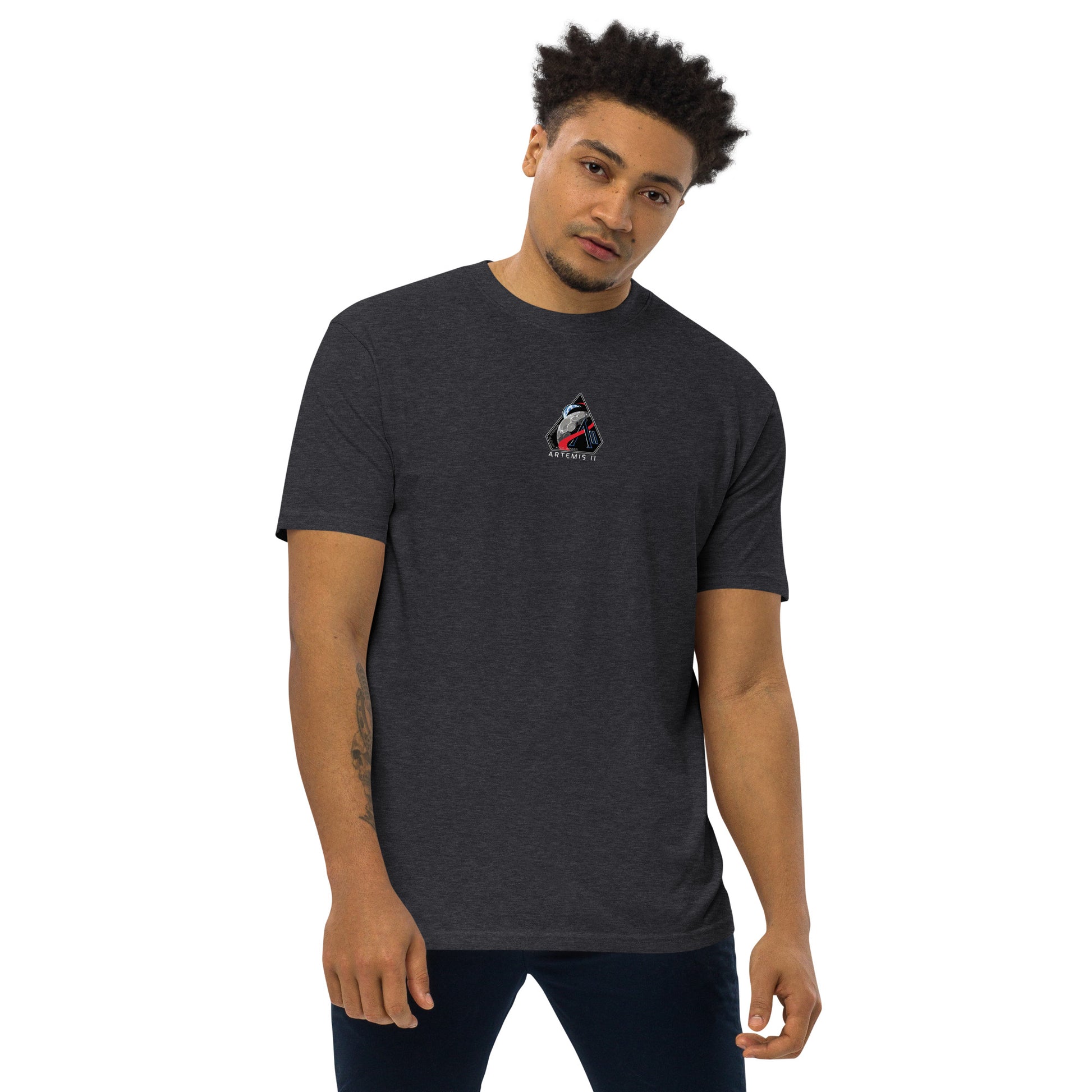 Hand-drawn crewed lunar mission schematic of the NASA Artemis II printed on a premium t-shirt.