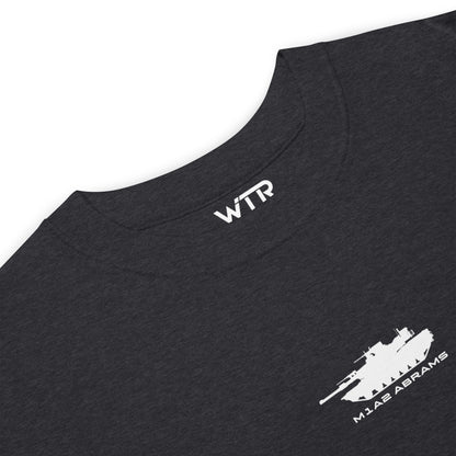 GENERAL DYNAMICS M1A2 ABRAMS TANK — hand-drawn main battle tank artwork printed on heavyweight T-shirt.
