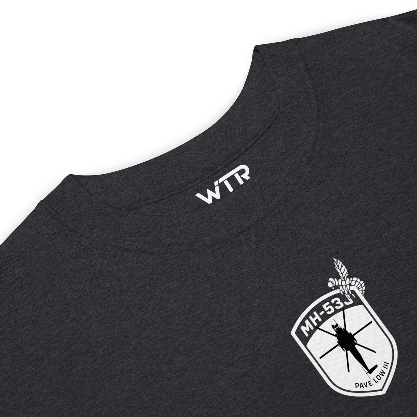 Hand-drawn schematic of the SIKORSKY MH-53J PAVE LOW printed on a heavyweight T-shirt.