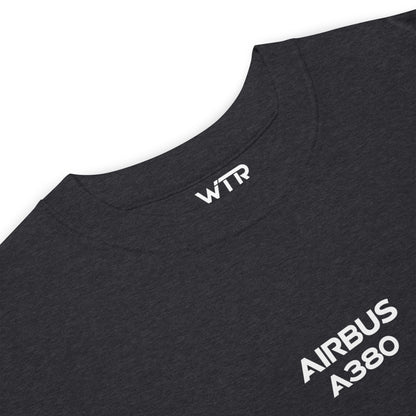 AIRBUS A380 SUPERJUMBO — hand-drawn airliner schematic artwork printed on heavyweight T-shirt.
