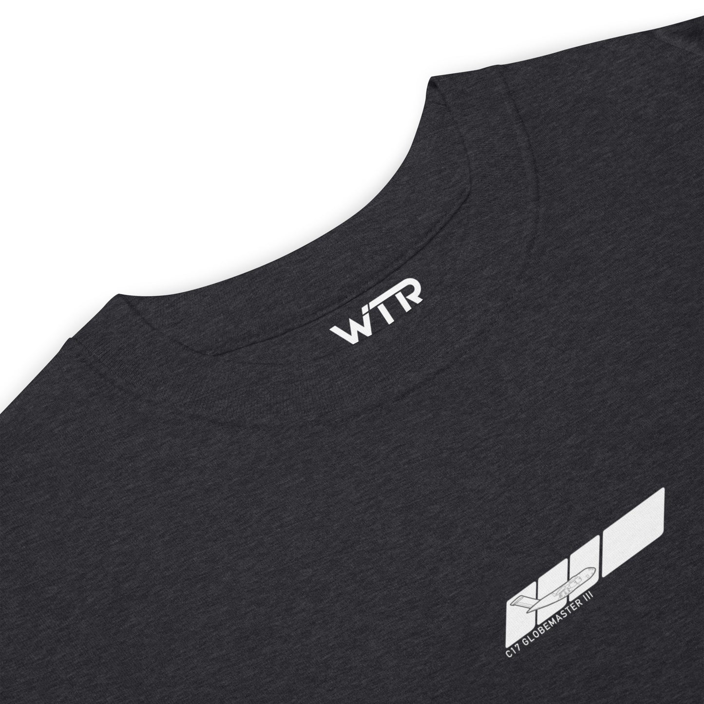 BOEING C-17 GLOBEMASTER III — hand-drawn military transport artwork printed on heavyweight T-shirt.