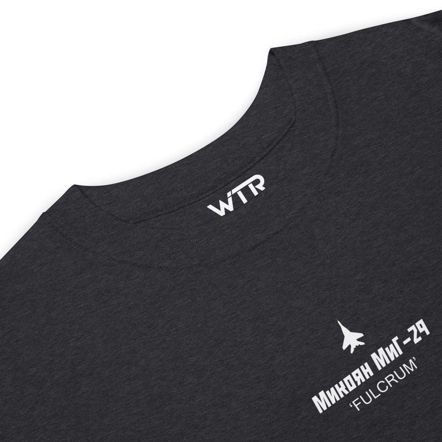 MIKOYAN MIG-29 FULCRUM — hand-drawn AIR SUPERIORITY schematic artwork printed on heavyweight T-shirt.