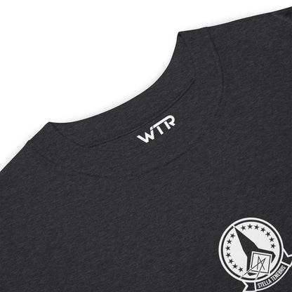 Hand-drawn schematic of the LOCKHEED MARTIN SKUNK WORKS SR-72 DARKSTAR printed on a heavyweight T-shirt.