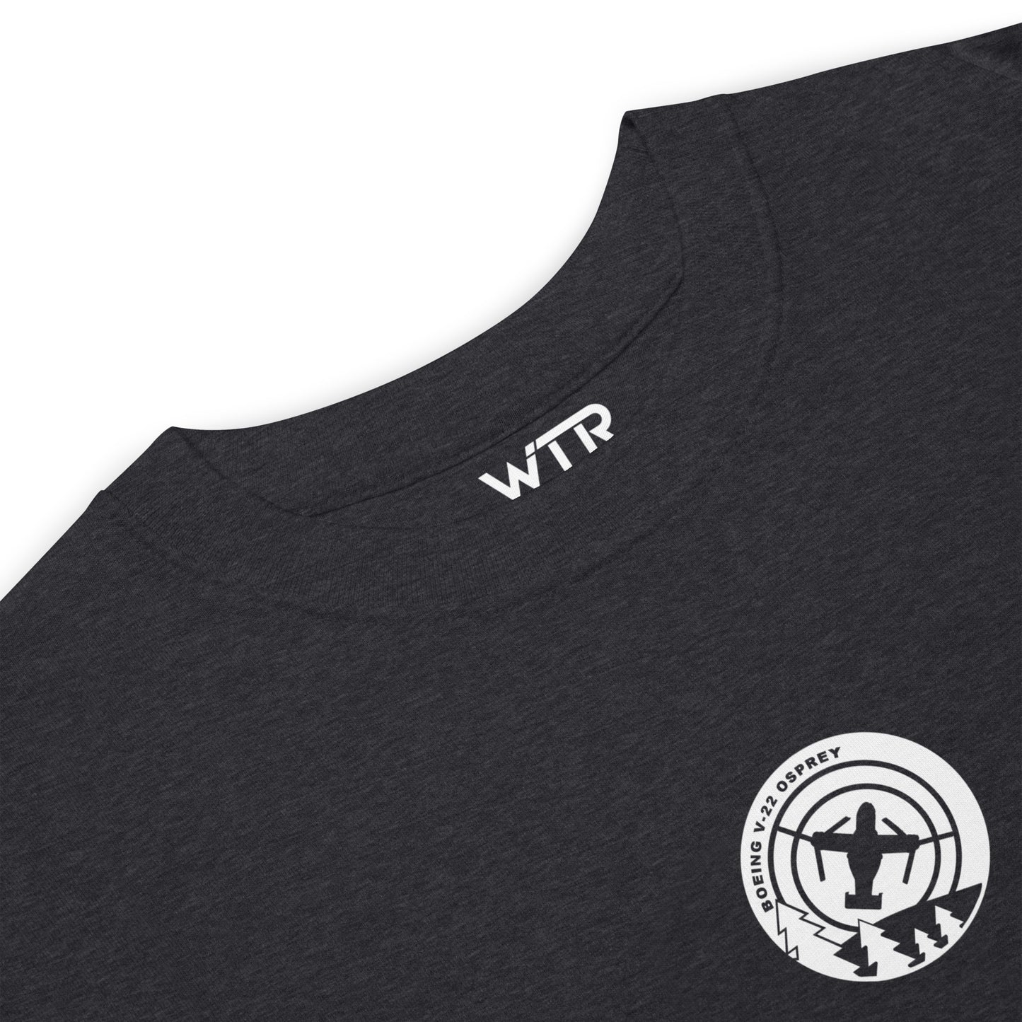 Hand-drawn schematic of the BELL BOEING MV-22 OSPREY printed on a heavyweight T-shirt.