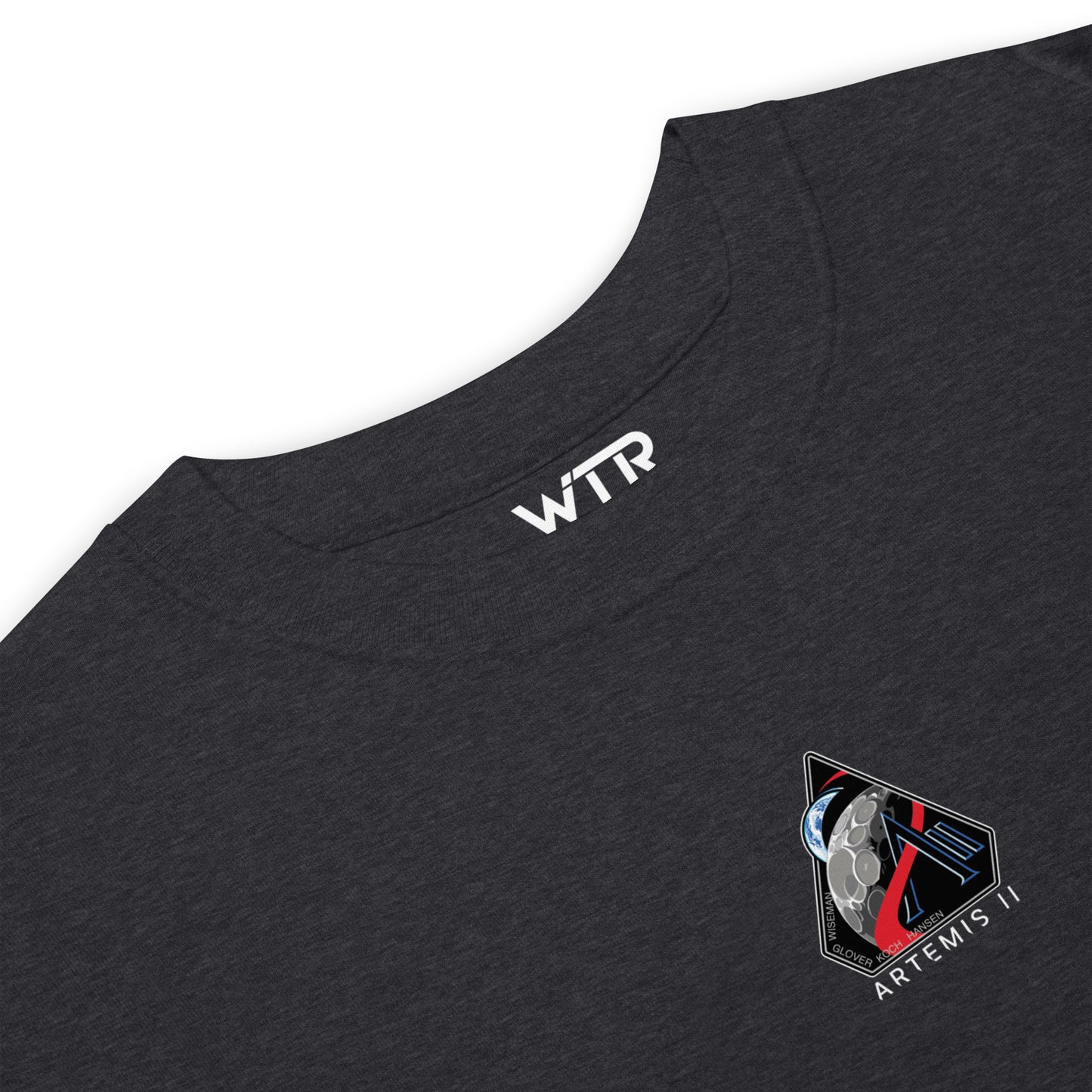 Hand-drawn crewed lunar mission schematic of the NASA Artemis II printed on a premium t-shirt.