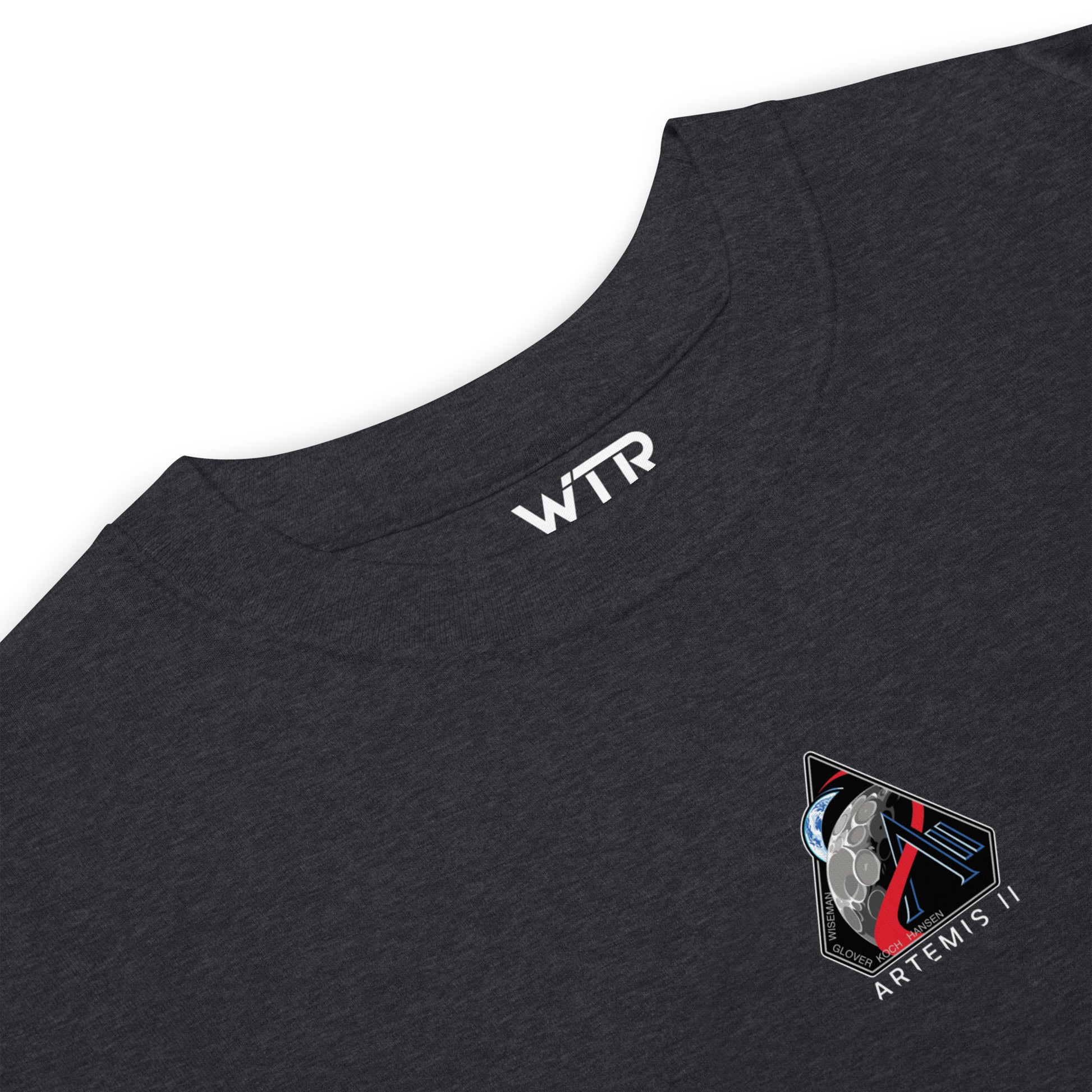Hand-drawn crewed lunar mission schematic of the NASA Artemis II printed on a premium t-shirt.