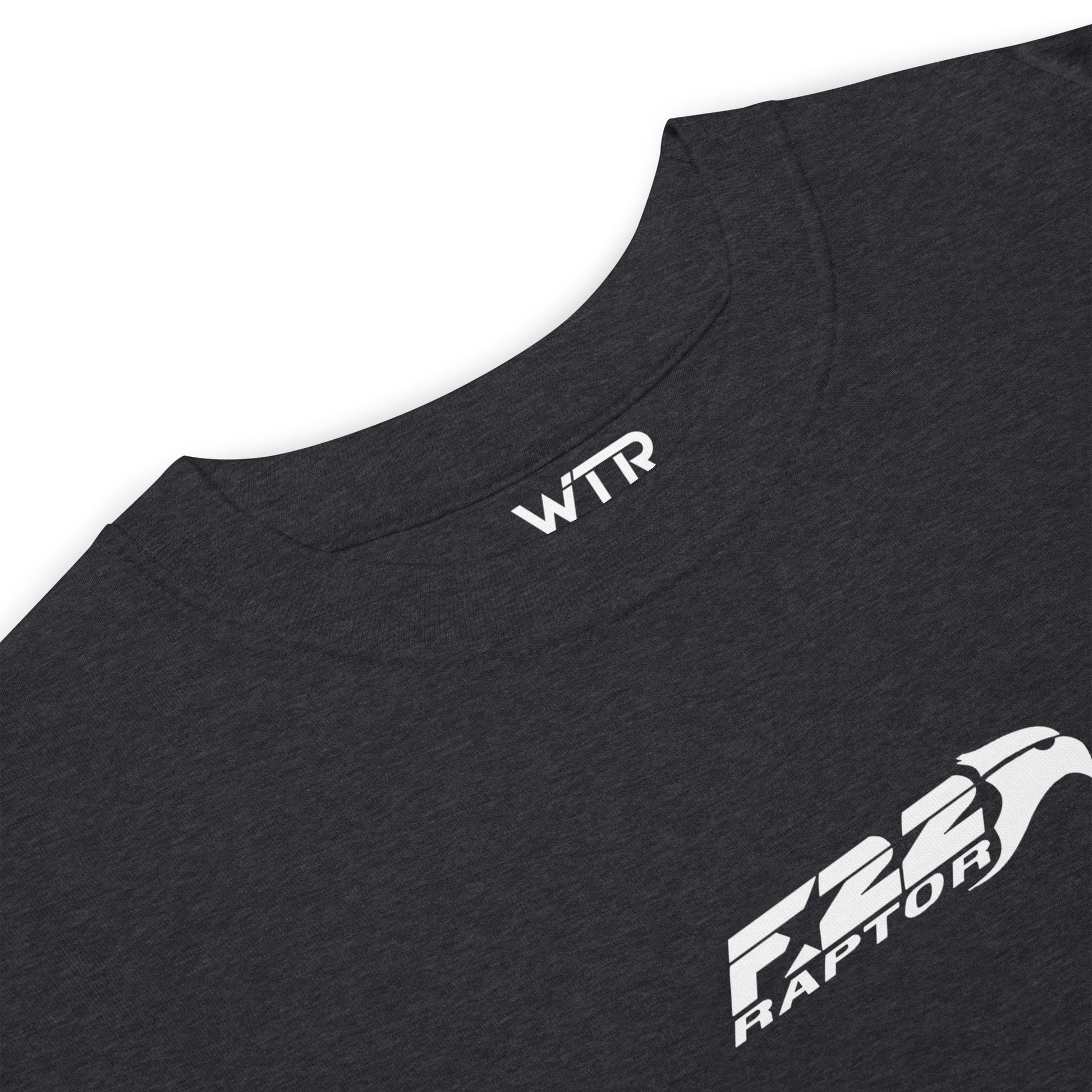 Hand-drawn technical study of the Lockheed Martin F-22 Raptor front canopy and nose section on a premium t-shirt.