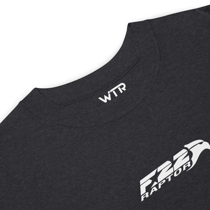 Hand-drawn technical study of the Lockheed Martin F-22 Raptor front canopy and nose section on a premium t-shirt.
