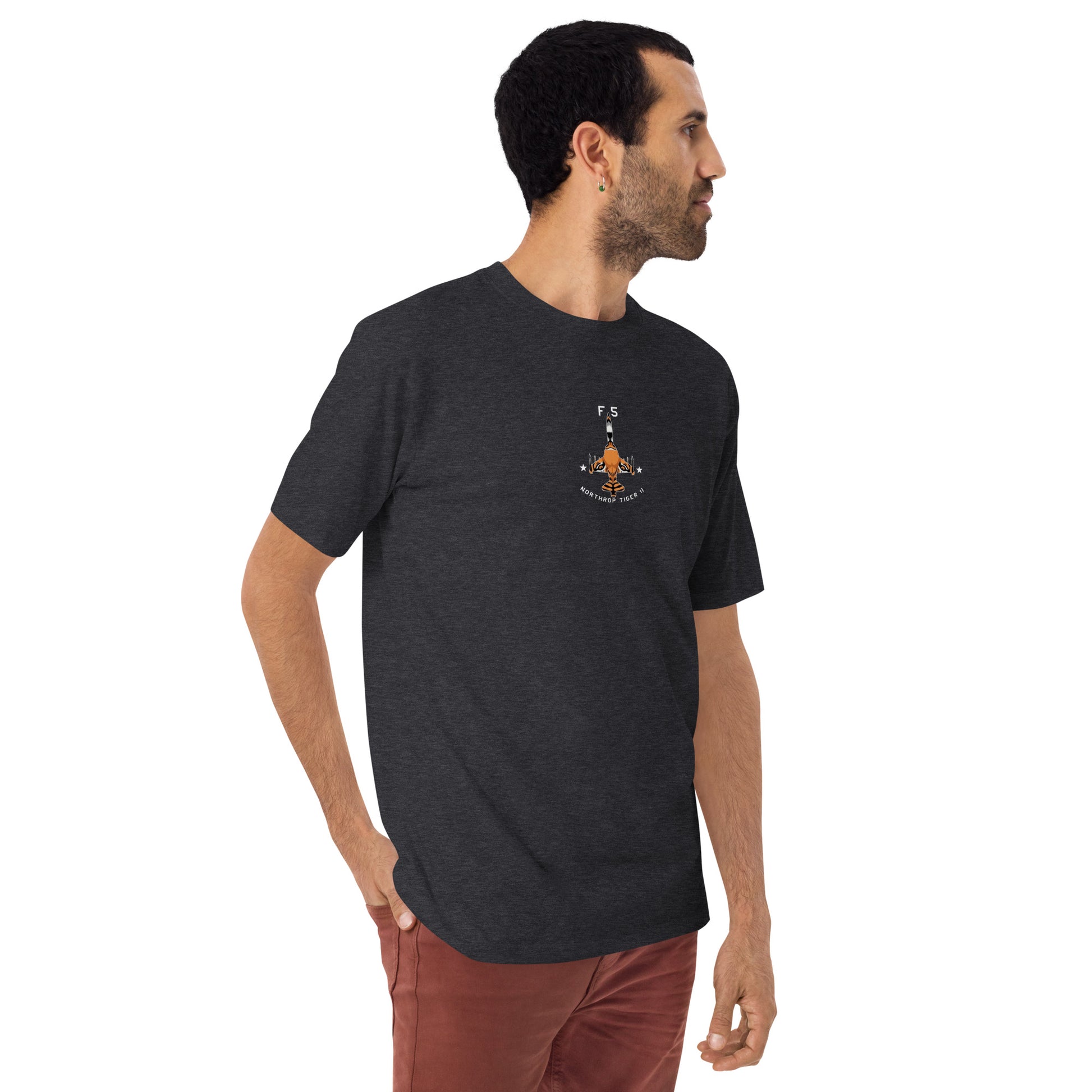 Hand-drawn technical schematic of the Northrop F-5E Tiger II Cold War fighter jet printed on a premium t-shirt.