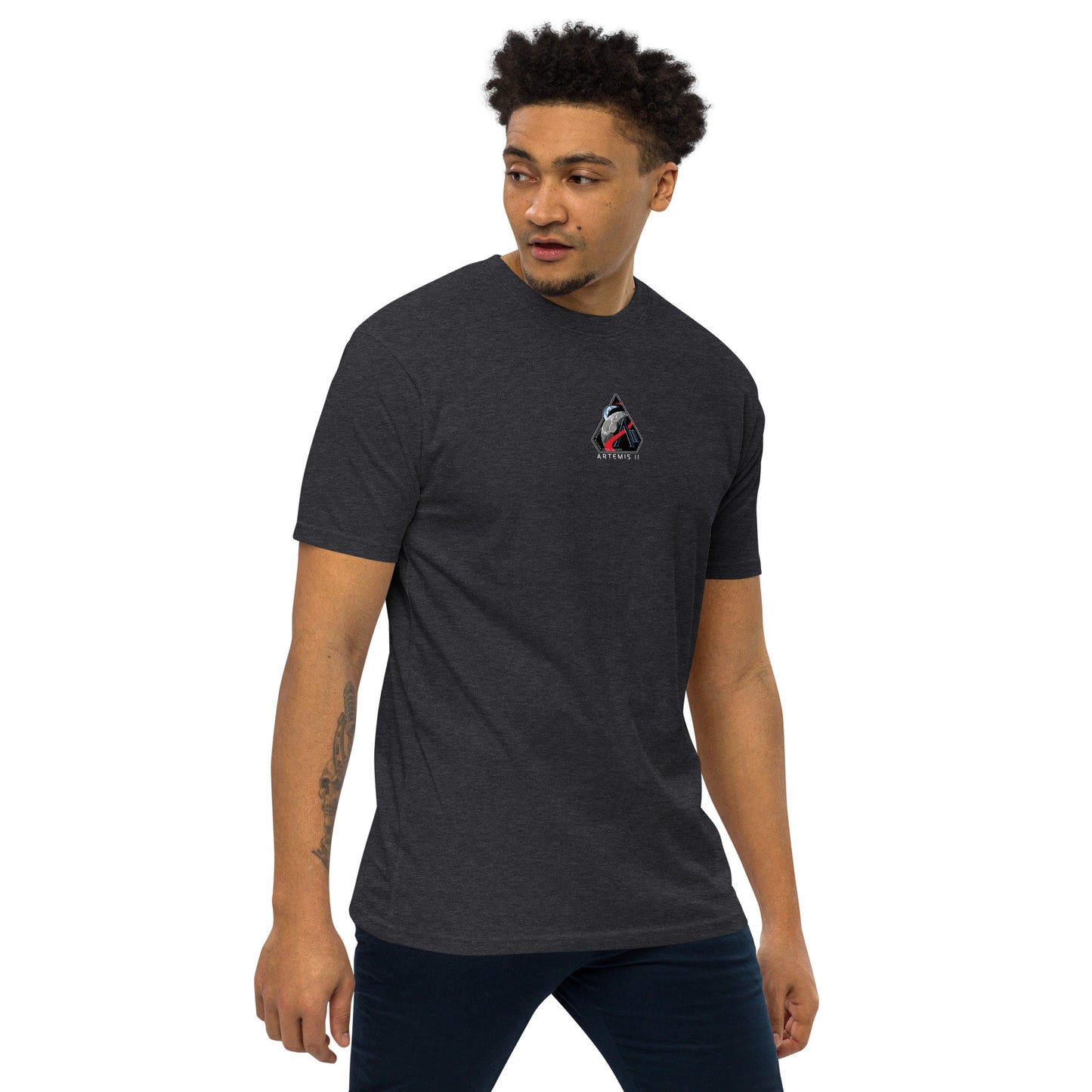 Hand-drawn crewed lunar mission schematic of the NASA Artemis II printed on a premium t-shirt.