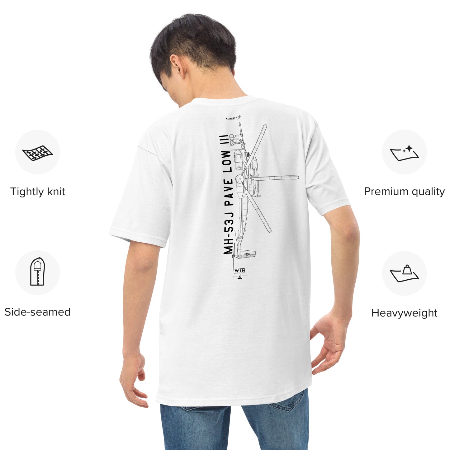Hand-drawn schematic of the SIKORSKY MH-53J PAVE LOW printed on a heavyweight T-shirt.