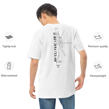 Hand-drawn schematic of the SIKORSKY MH-53J PAVE LOW printed on a heavyweight T-shirt.