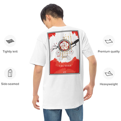 Hand-drawn schematic of the Mitsubishi F-15J Eagle 305th Tactical Fighter Squadron 40 Years livery on a premium heavyweight t-shirt.