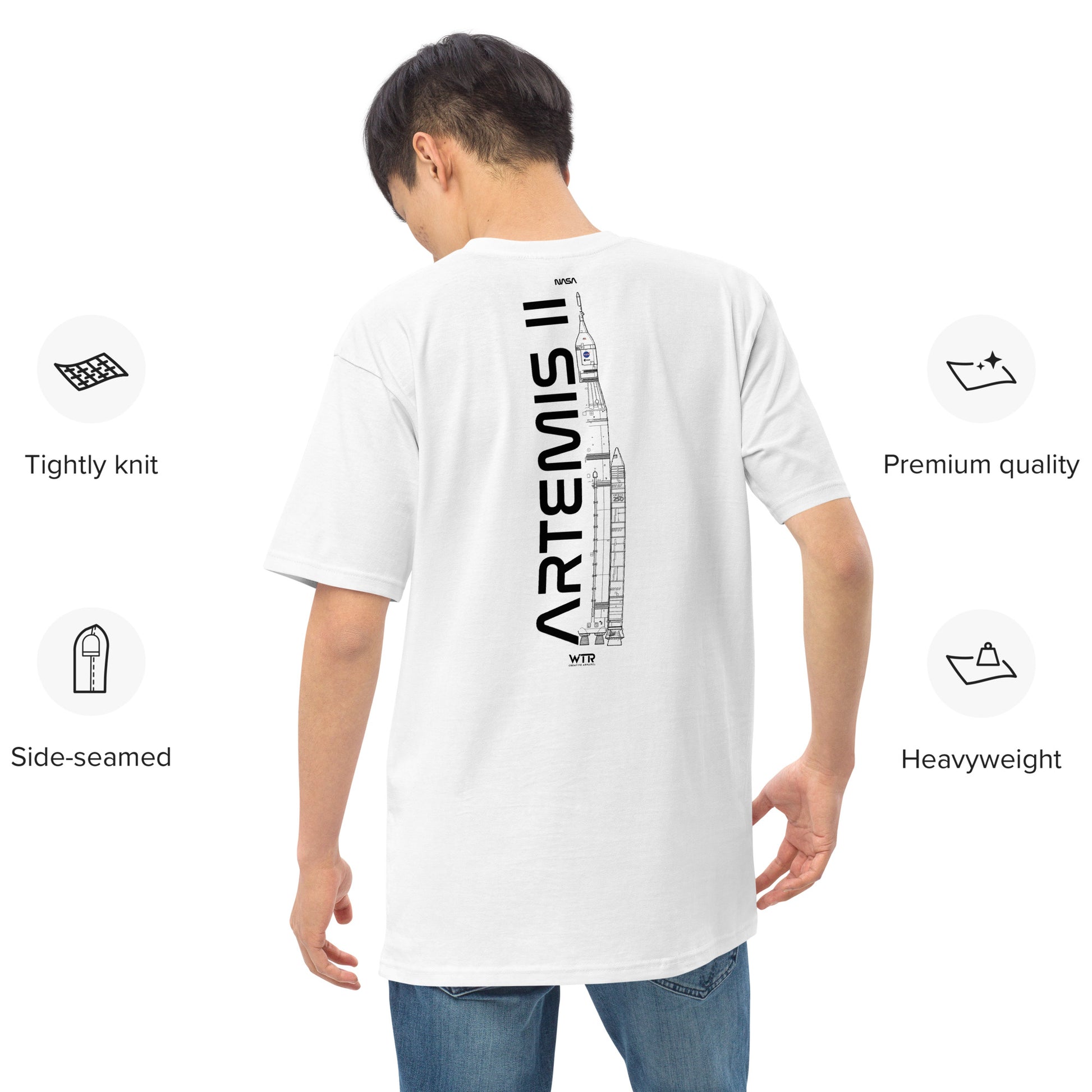 Hand-drawn crewed lunar mission schematic of the NASA Artemis II printed on a premium t-shirt.