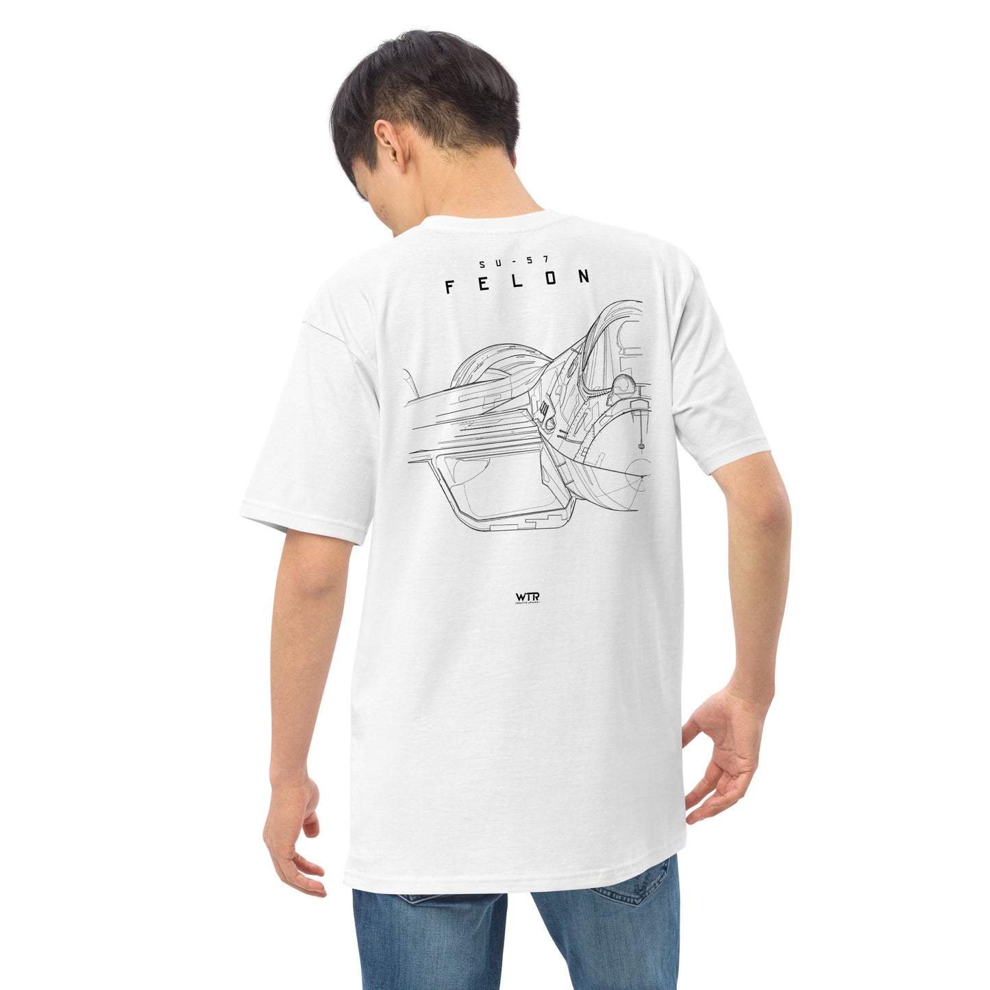 Hand-drawn front nose canopy study of the Sukhoi Su-57 Felon printed on a premium t-shirt.