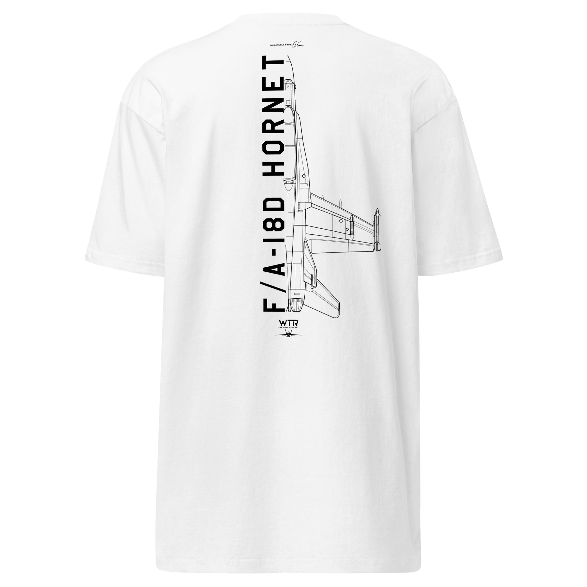 Hand-drawn technical schematic of the McDonnell Douglas F/A-18D Hornet naval fighter on a premium t-shirt.