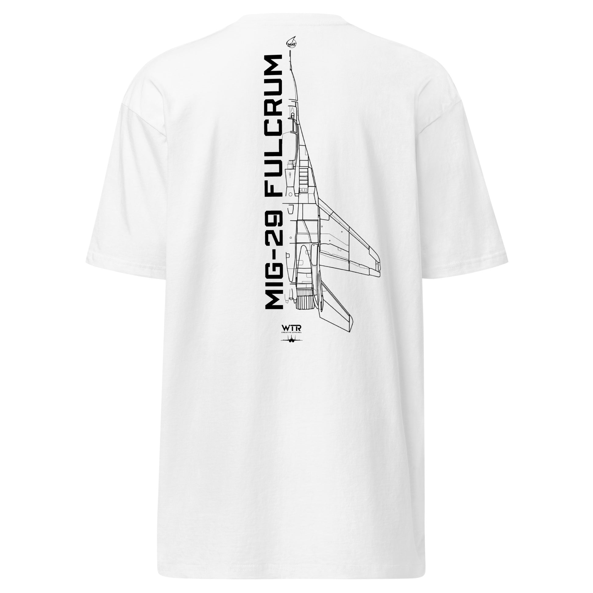 Hand-drawn technical schematic of the Mikoyan MiG-29 Fulcrum air superiority fighter on a premium t-shirt.