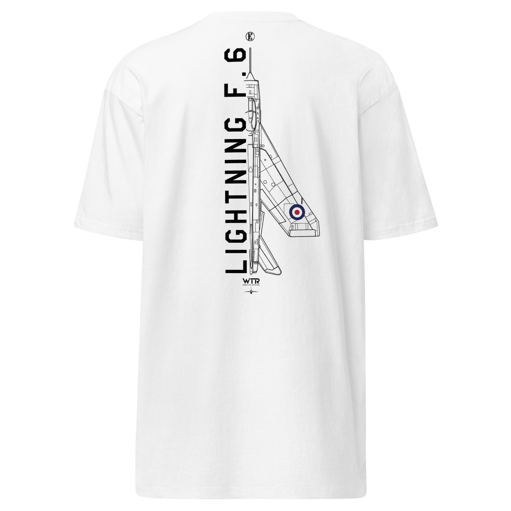 Hand-drawn technical schematic of the English Electric Lightning F.6 RAF interceptor printed on a premium t-shirt.