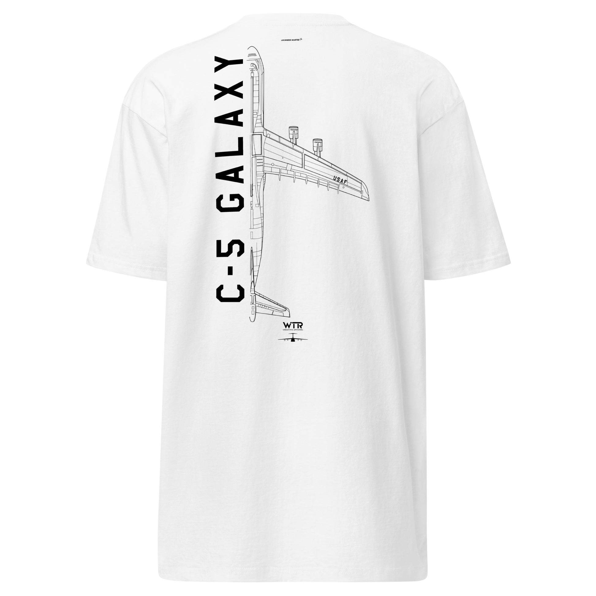 Hand-drawn technical schematic of the Lockheed Martin C-5 Galaxy strategic transport aircraft on a premium t-shirt.