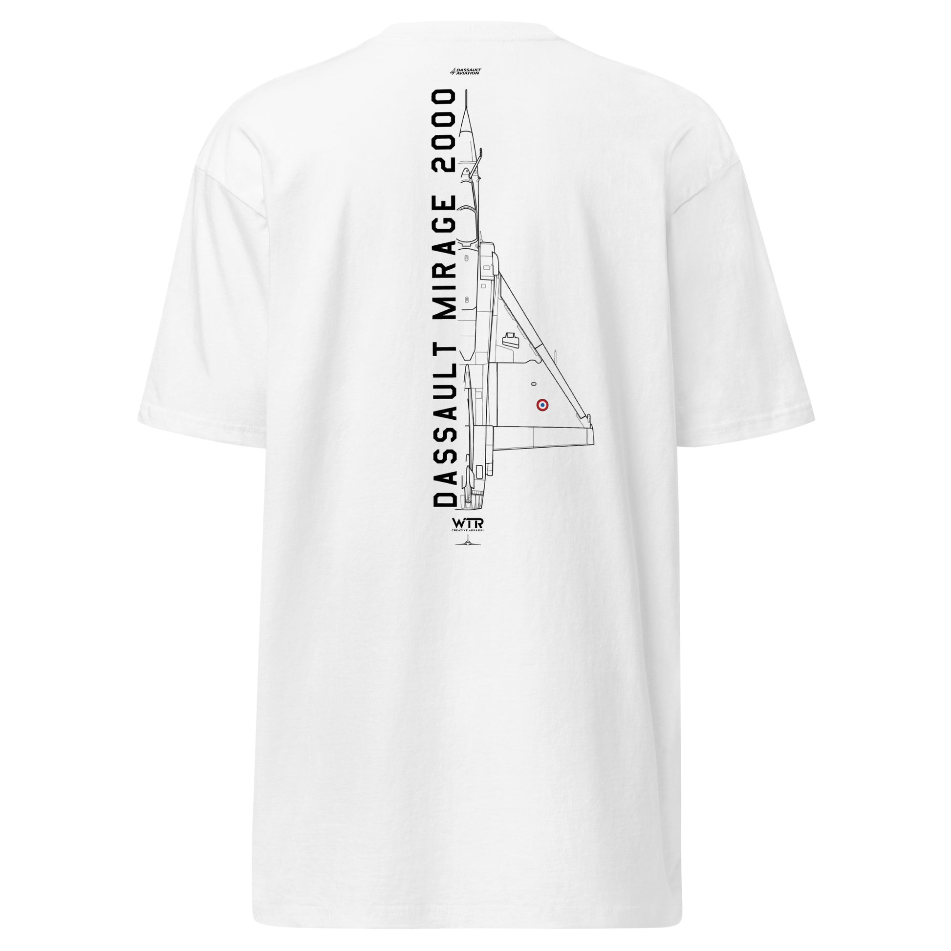 Hand-drawn technical schematic of the Dassault Mirage 2000 delta-wing fighter printed on a premium t-shirt.