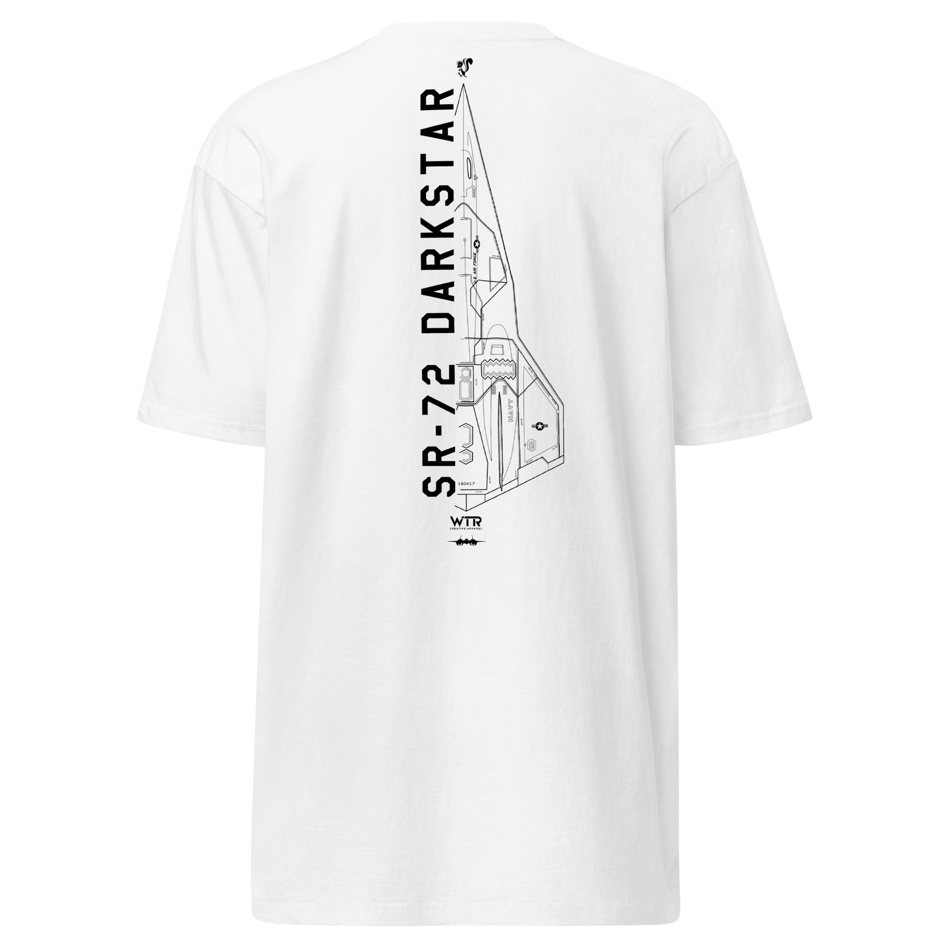 Hand-drawn technical schematic of the Lockheed Martin Skunk Works SR-72 Darkstar hypersonic jet on a premium t-shirt.