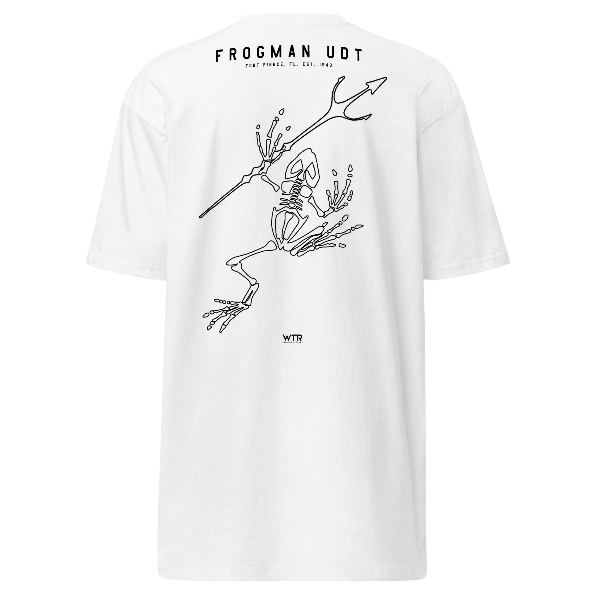 Hand-drawn artistic design of a US Navy Underwater Demolition Team UDT Frogman on a premium t-shirt.