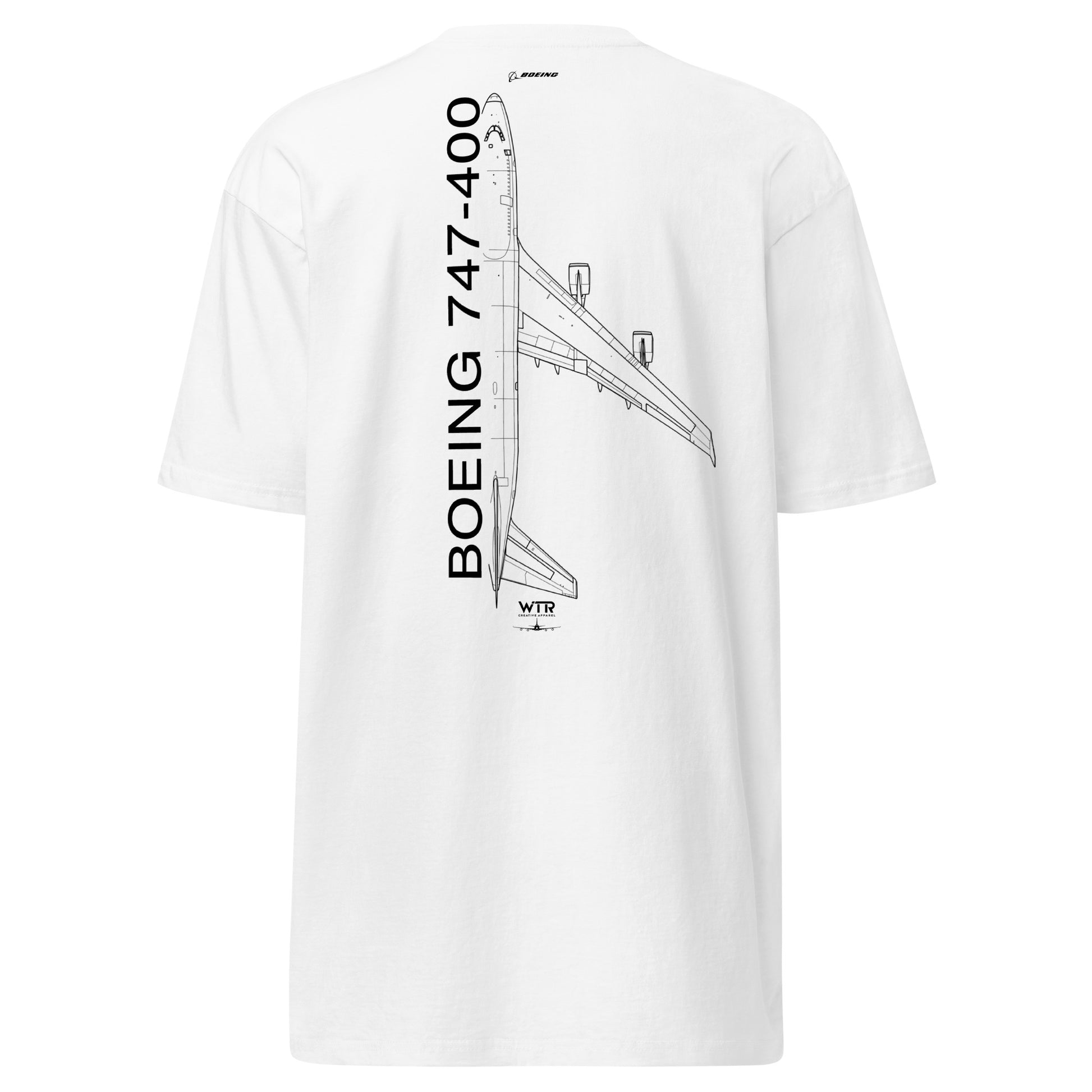 Hand-drawn technical schematic of the Boeing 747-400 Jumbo Jet passenger airliner on a premium t-shirt.