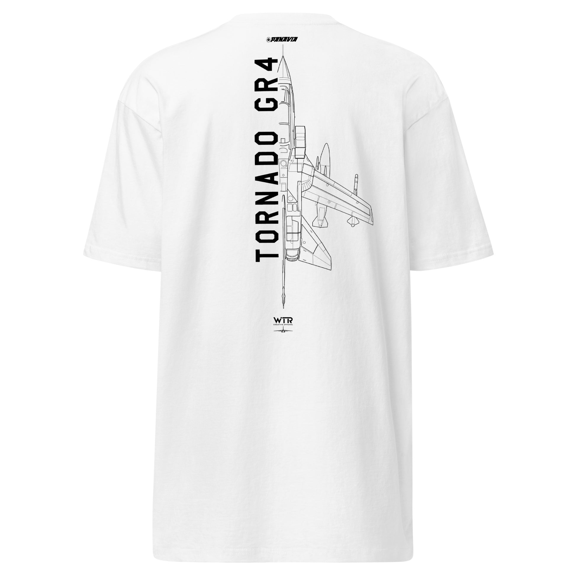 Hand-drawn technical schematic of the Panavia Tornado GR4 multi-role strike jet printed on a premium t-shirt.
