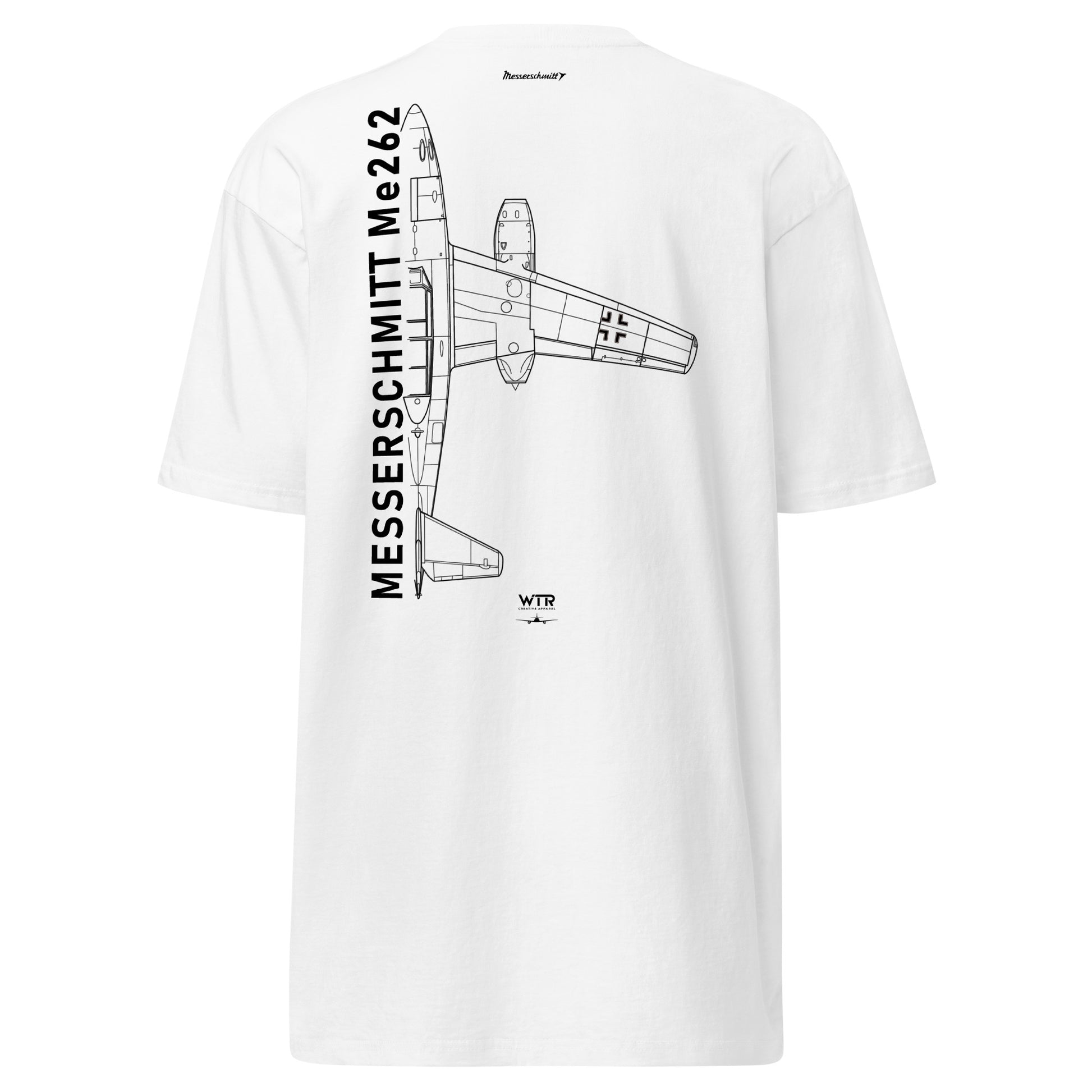 Hand-drawn technical schematic of the Messerschmitt Me-262 WWII jet fighter printed on a premium t-shirt.