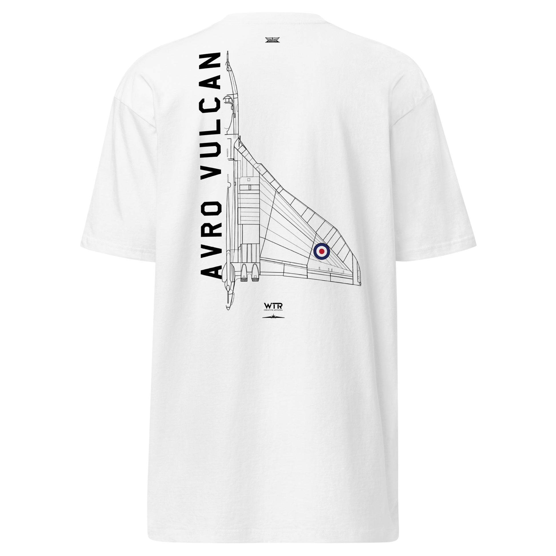Hand-drawn technical schematic of the Avro Vulcan Cold War strategic bomber printed on a premium t-shirt.