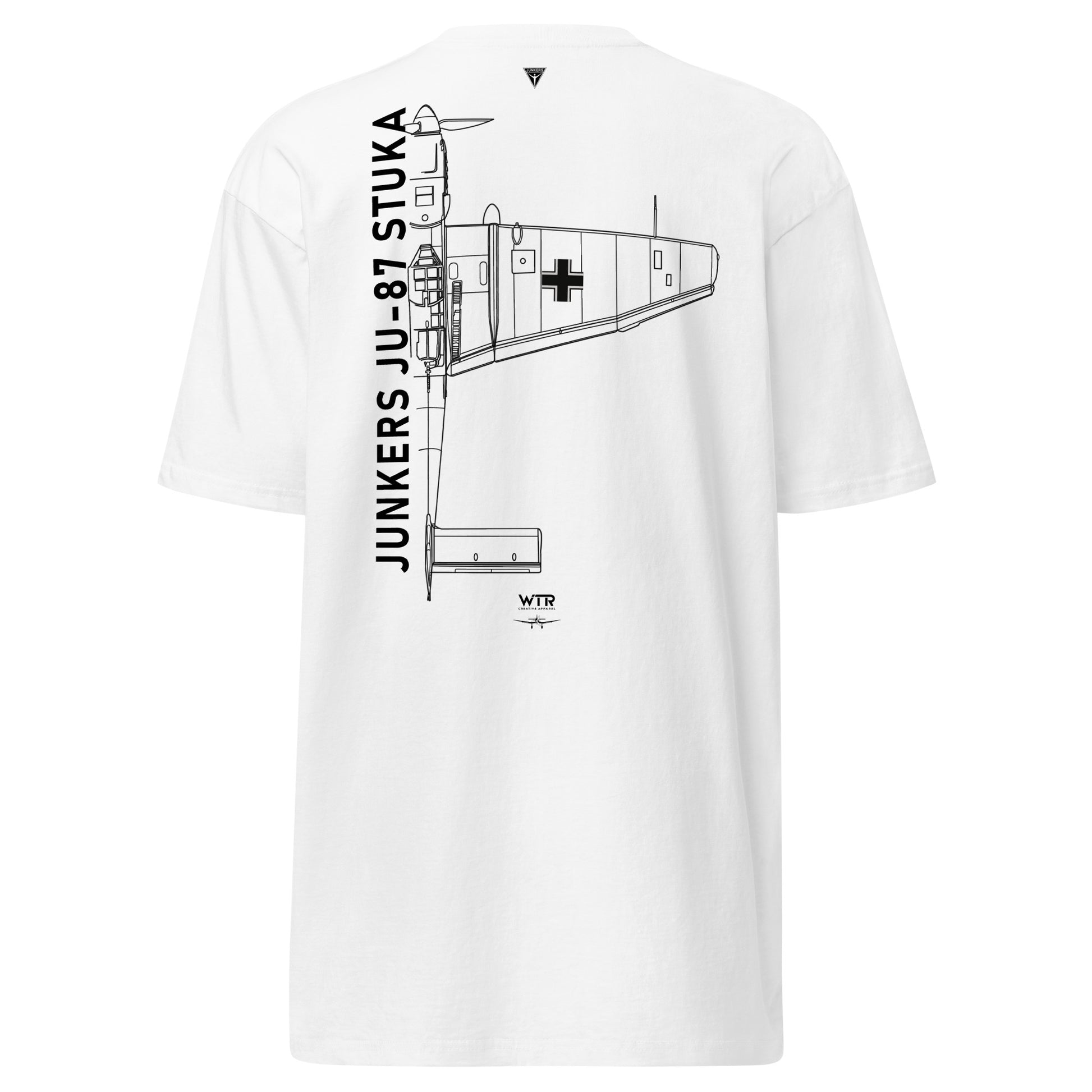Hand-drawn technical schematic of the Junkers Ju-87 Stuka WWII dive bomber printed on a premium t-shirt.