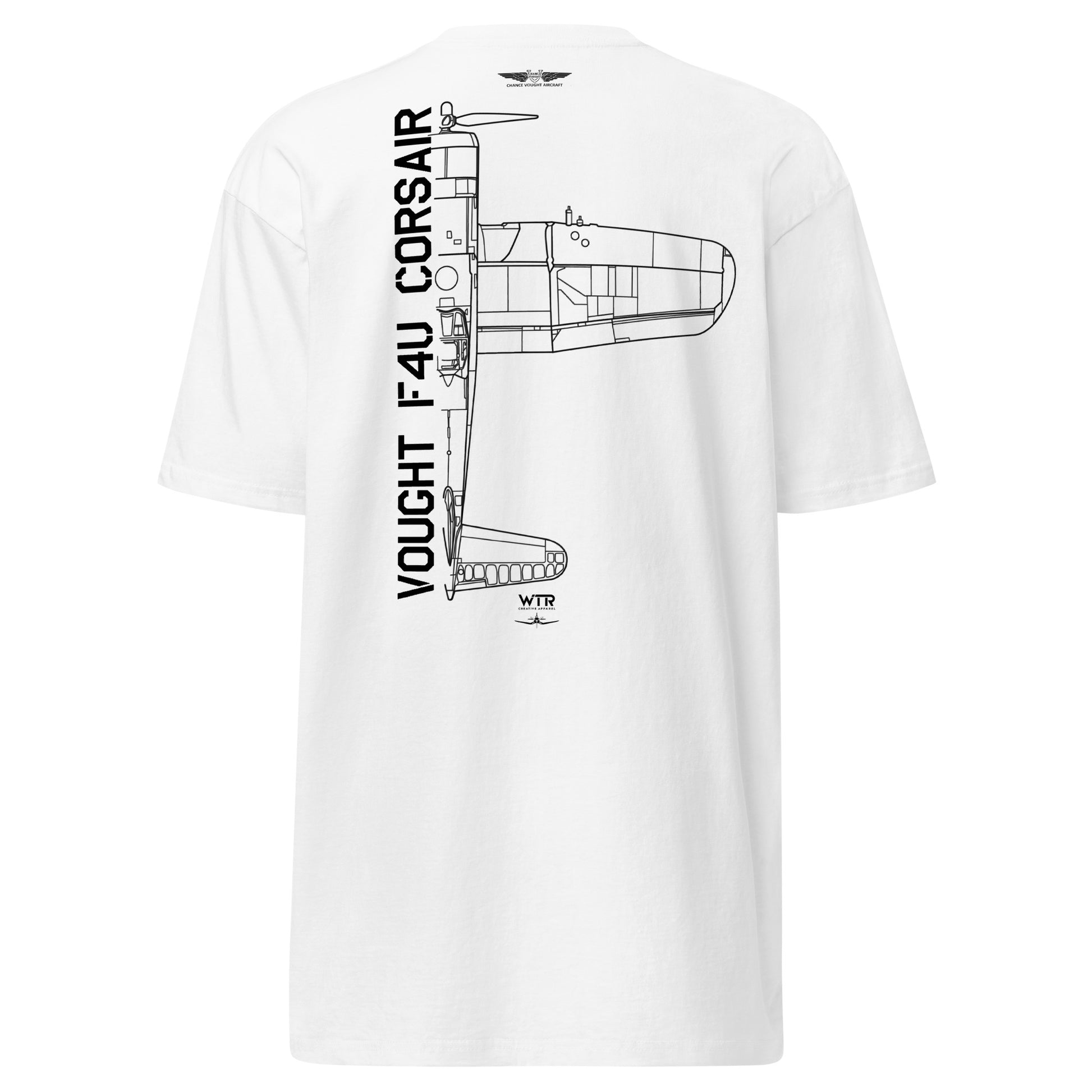 Hand-drawn technical schematic of the Vought F4U Corsair US Navy WWII Pacific fighter on a premium t-shirt.